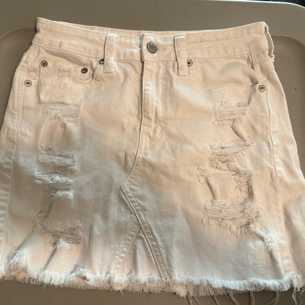 American Eagle Distressed White Denim Mini Skirt